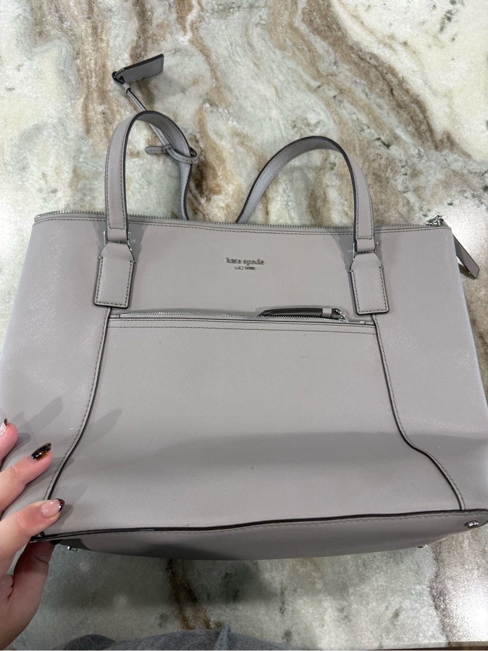 kate spade Light Gray Leather Tote with Front Zip Pocket